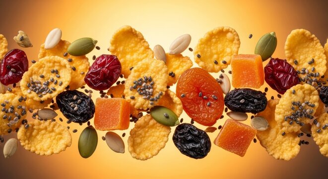 Extreme close-up of golden toasted corn flakes mixed with dried fruit pieces and seeds, showcasing intricate textures and organic shapes, dietary, snack, morning