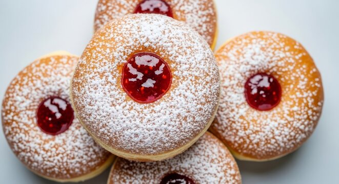 A pile of fresh golden brown yeast donuts dusted with white sugar, showcasing a vibrant red fruit jam filling leaking from the center, gourmet, background, donuts