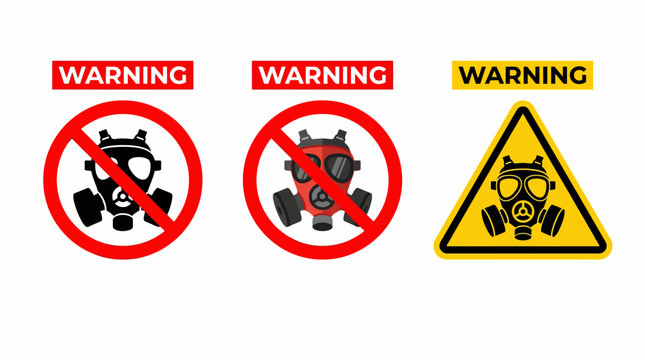 Warning symbols for hazardous environments, gas masks, and safety precautions