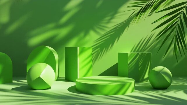 Green Geometric Display Pedestals with Palm Leaf Shadows