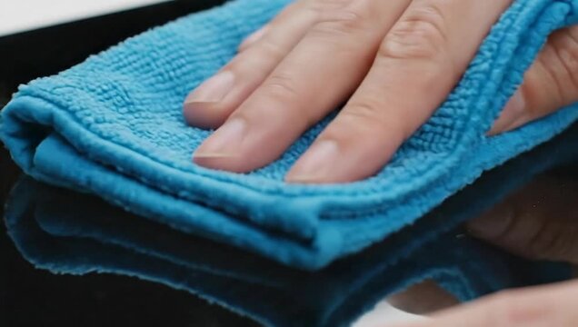 Cleaning a Shiny Surface with a Blue Microfiber Cloth.