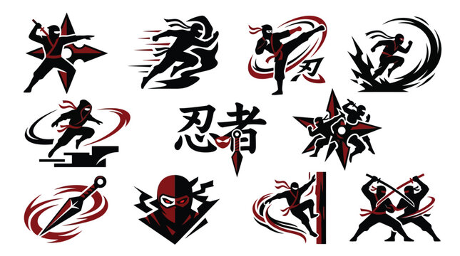 Collection of stylized ninja icons representing various martial arts poses and actions.
