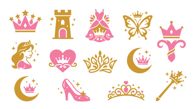 Collection of princess-themed icons including crowns, castles, dresses, and magic wands in pink and gold.