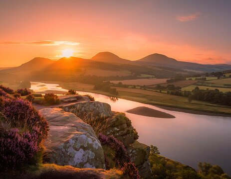 Breathtaking sunset over the River Tweed and Eildon Hills in the Scottish Borders.
