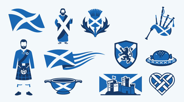 Collection of Scottish Symbols and Icons, including flags, kilts, bagpipes, and castles, in blue and white.
