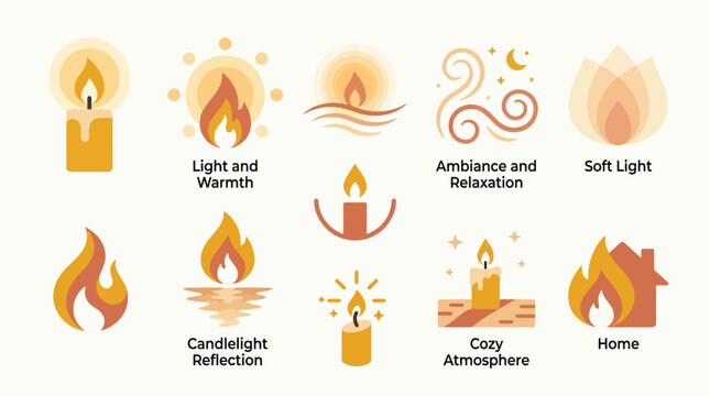 Collection of stylized candle flame icons representing light, warmth, ambiance, and cozy atmosphere.