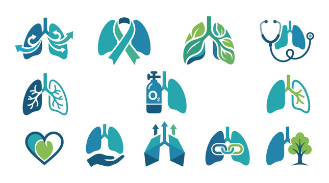 Collection of medical icons representing lungs and respiratory health, including symbols for breathing, oxygen, and heart care.