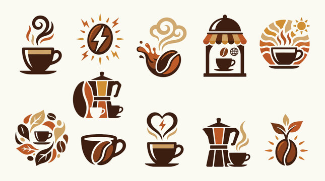 Collection of stylized coffee icons and symbols representing various aspects of coffee culture and beverages.