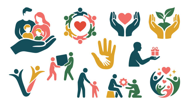 Set of icons representing charity, community, and helping hands with diverse people and symbols of care and support.