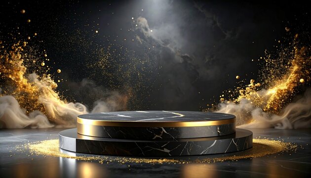 Black marble podium with floating gold dust particles.