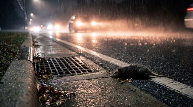 City street scene highlighting roadkill and vehicle headlight glare, emphasizing urban wildlife challenges and traffic safety.