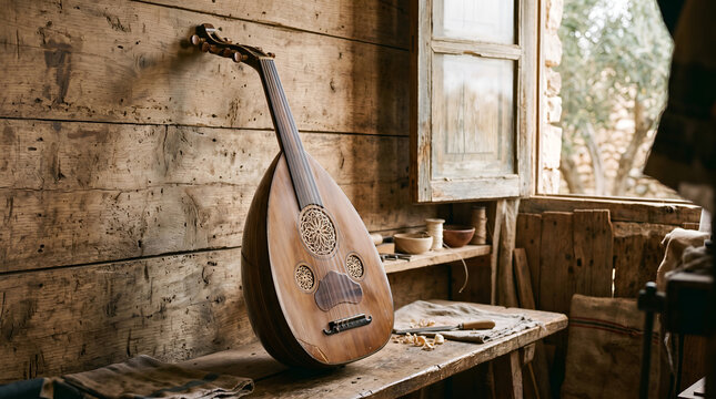 Authentic oud instrument in rustic cultural setting with natural lighting, ideal for travel, heritage, music, and storytelling visuals.