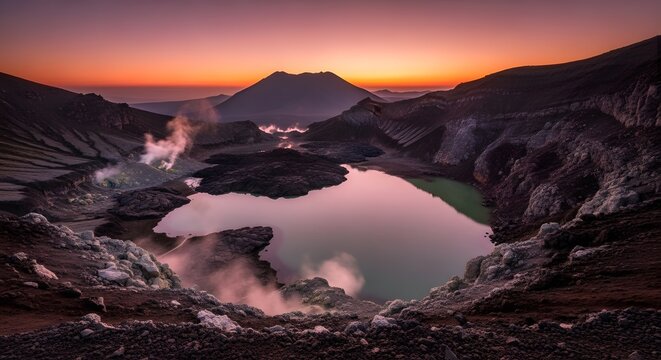 Dramatic volcanic caldera landscape at sunrise or sunset