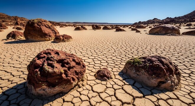 Dry cracked earth landscape under bright blue sky