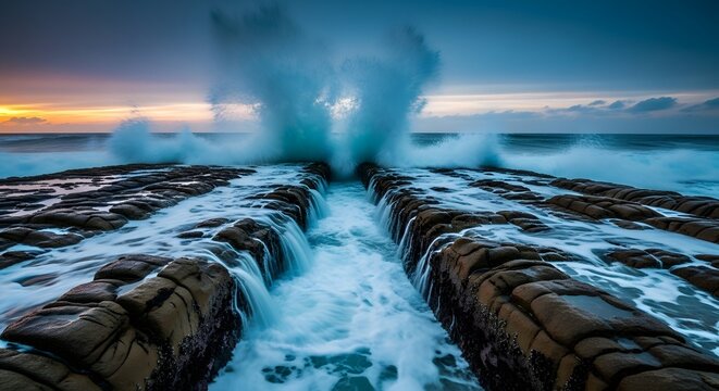Dynamic Ocean Waves Between Coastal Rocks at Sunset