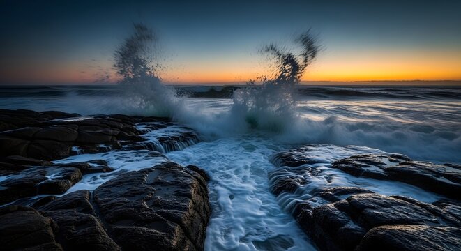 Dynamic ocean waves crashing against dark coastal rocks at sunset