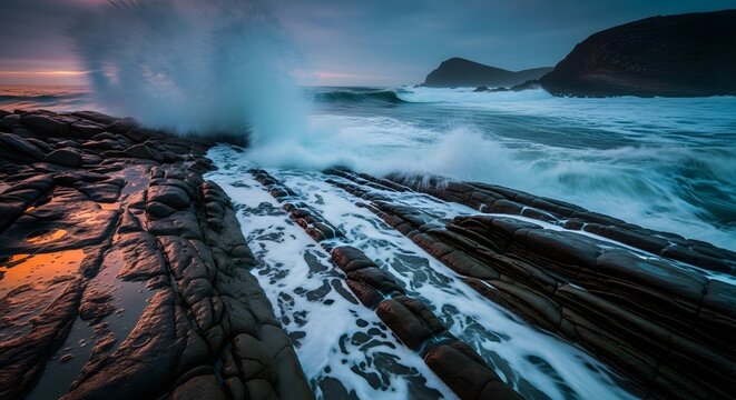 Dynamic tidal wave crashing on dark seaside rock formations