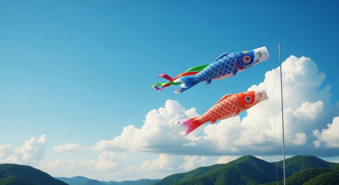 Vibrant cloth carp streamers dance in a gentle breeze against a vast blue sky filled with soft puffy clouds and lush rolling green hills, clouds, carp streamers, fluttering
