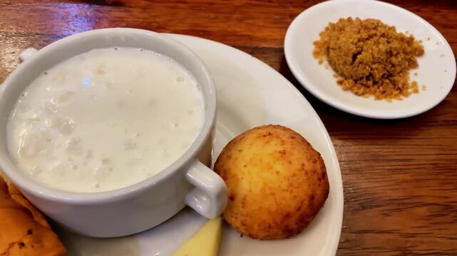 Traditional Colombian Peto Hot Corn Drink with Cheese and Panela