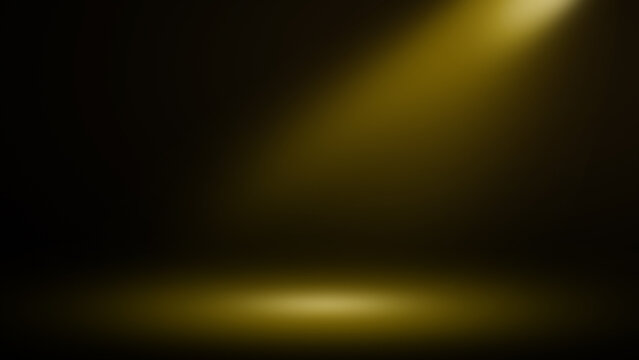 Dramatic dark studio background with warm golden yellow spotlight. Empty illuminated stage floor for product display mockup, theatrical presentation, and cinematic showcase