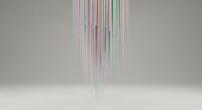 Colorful strings hanging down from top in studio with gray background