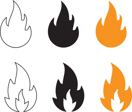 Fire flame icon set featuring minimalist bonfire and heat symbols for energy and industrial branding vector illustration