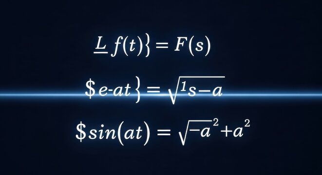 Mathematical formulas for Laplace transform and sine function are displayed on a black background