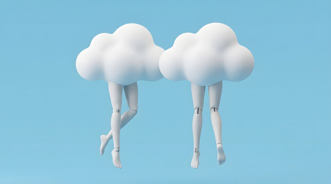 3d render. Couple of abstract white clouds with mannequin legs. Soul mate metaphor. Social role play. Partners interaction. Minimal surreal clip art isolated on blue background