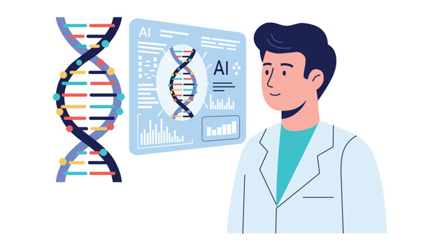 AI Genetics Research Scientist with DNA Helix and Biotechnology Data Dashboard Vector Illustration