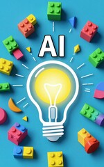 Obraz premium AI light bulb surrounded by colorful building blocks symbolizing