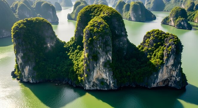 Ha Long Bay limestone karsts dramatic seascape aerial view