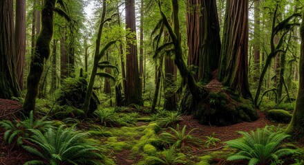 Obraz premium Lush Temperate Rainforest Scene with Ancient Giant Redwood Trees