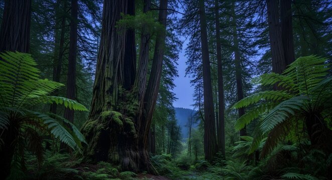 Lush redwood forest path with deep moss and ferns