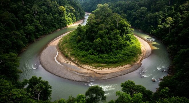Lush River Valley with Tropical Island and Dense Rainforest