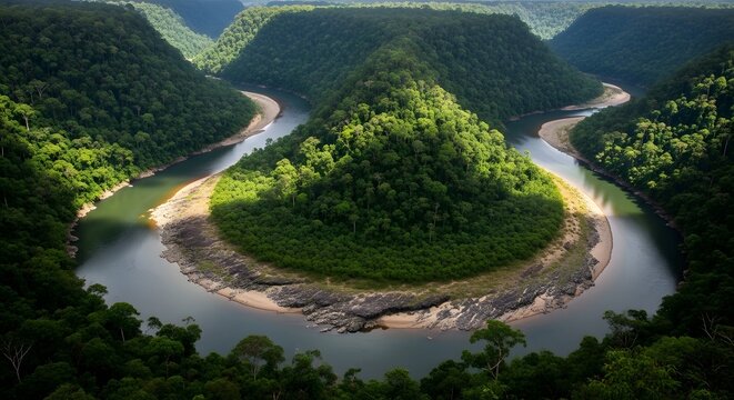Lush tropical river bend through dense green rainforest landscape