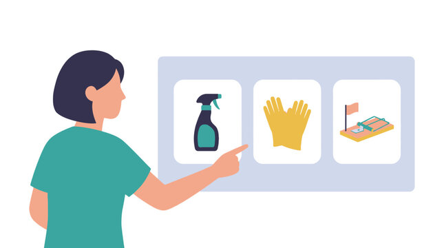 A woman selecting cleaning supplies from a digital interface. EPS Editable. Vector Illustrations.