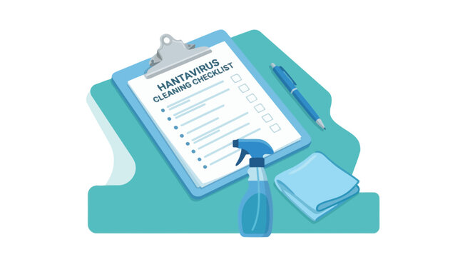 Hantavirus cleaning checklist on a clipboard with cleaning supplies. EPS Editable. Vector Illustrations.
