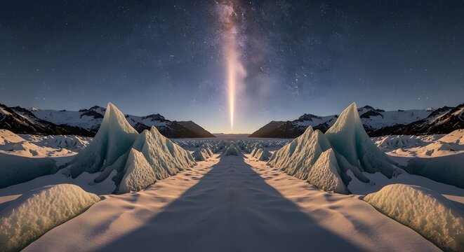 Milky Way Night Sky Above Snow-Covered Mountain Valley Landscape