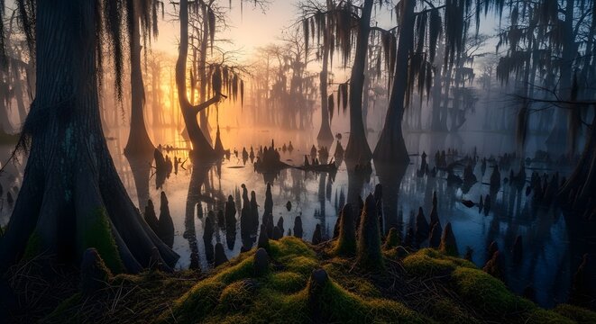 Misty Cypress Forest at Sunrise with Spanish Moss Atmosphere
