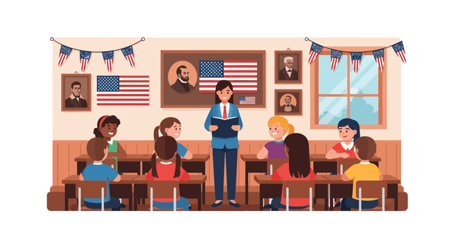 Teacher conducting a classroom lesson on American history with students. EPS Editable. Vector Illustrations.