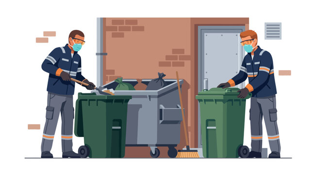 Two sanitation workers wearing protective masks and uniforms collecting garbage in large bins. EPS Editable. Vector Illustrations.