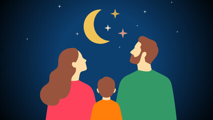 Rear view of parents and child bonding while stargazing. Great for bedtime stories, dreaming, astronomical hobbies, and peaceful family night themes. © yossi