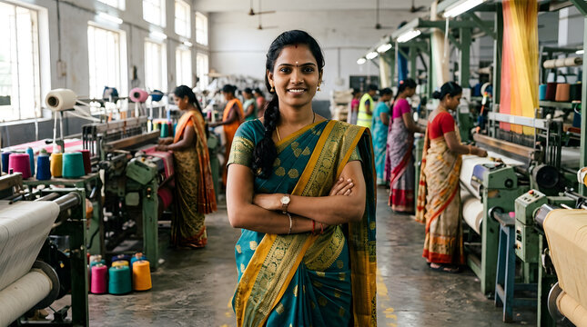 Confident young Indian woman in saree standing with crossed arms in textile factory showing Woman empowerment concept