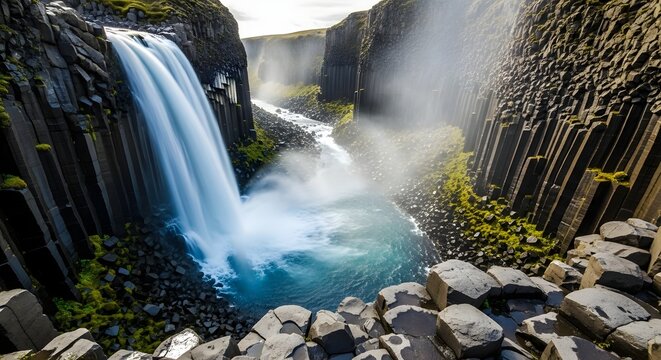 Misty Icelandic Waterfall Flowing Between Basalt Columns