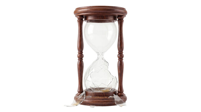 Broken hourglass, shattered glass on transparent background
