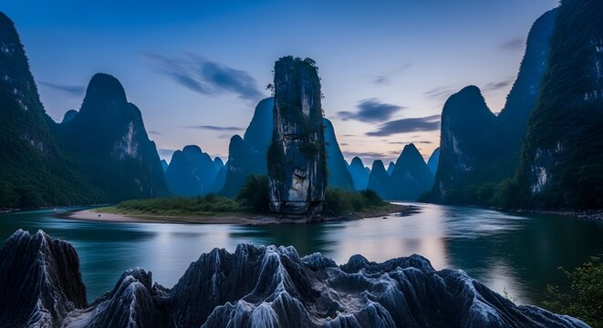 Misty limestone karsts and river landscape in Ha Long Bay Vietnam