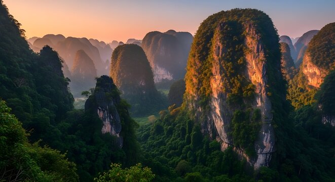 Misty Limestone Karst Towers Over Lush Green Jungles Landscape