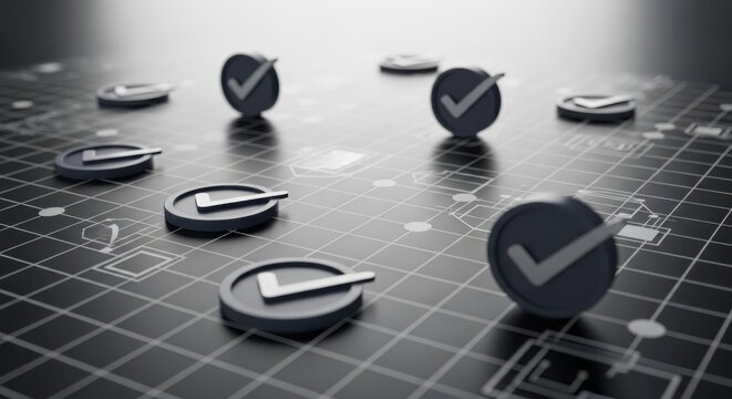 Several checkmark icons on a graph paper background with a spotlight
