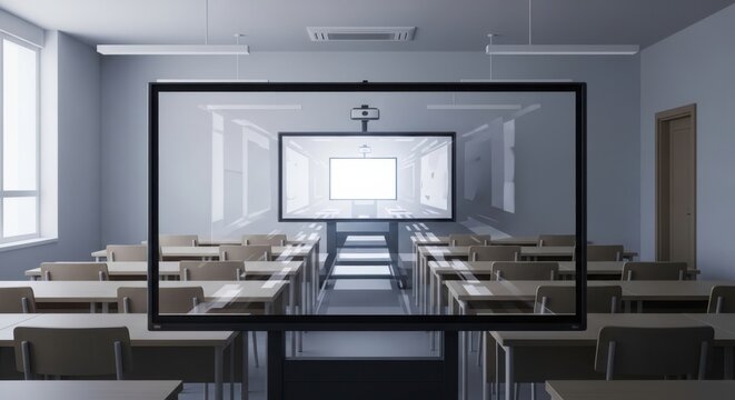 A classroom with empty desks and chairs is viewed through a large screen projector in an empty room.