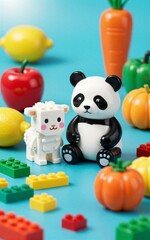 Obraz premium Cute LEGO panda and sheep surrounded by colorful fruits and veggies